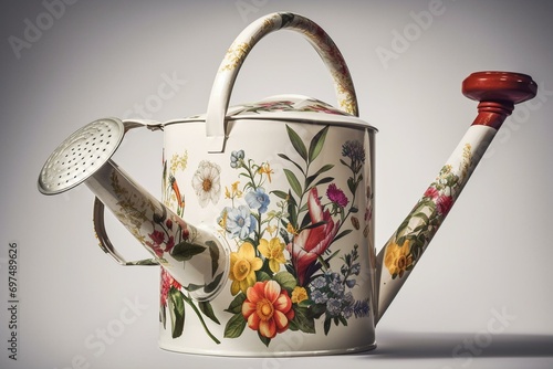 Watering can for flowers isolated on a white background. Line art with colors. Generative AI photo