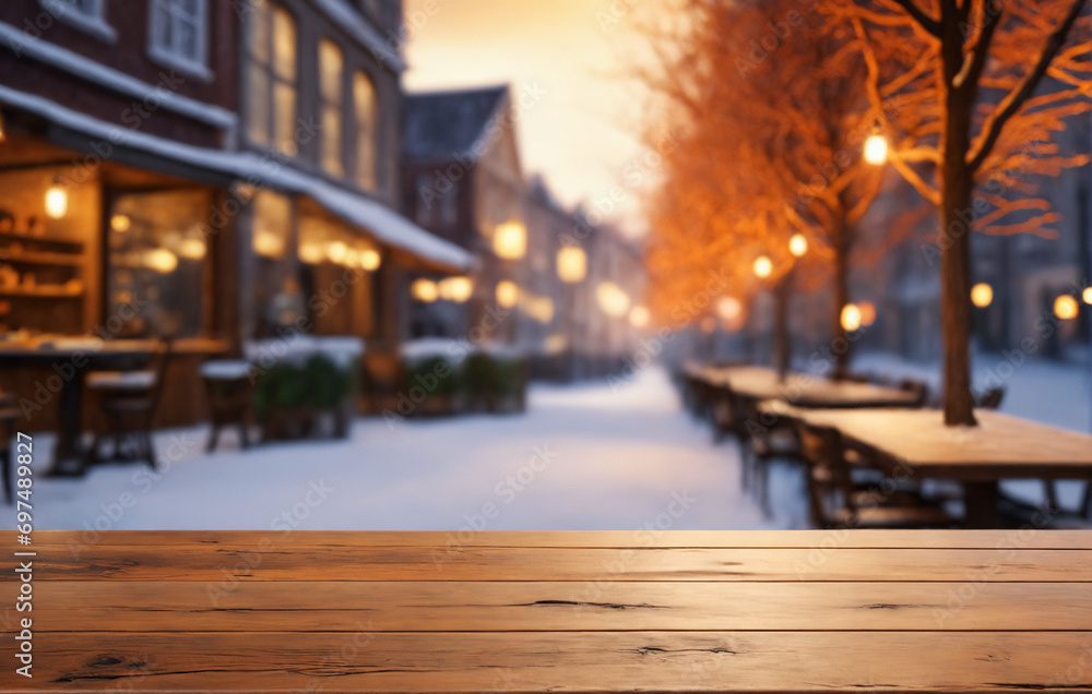 冬の街の中のレストランと木のテーブル.generative AI