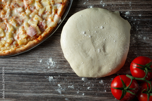 A top down view of pizza dough.