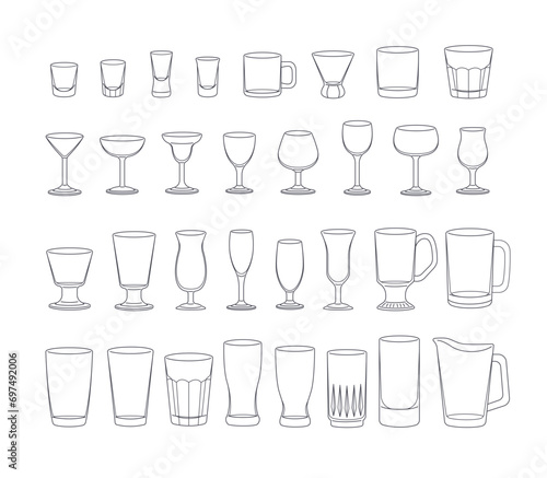 Collection of bar glasses. Different type of glassware in thin line. Objects coloring page. Outline flat vector graphic illustration