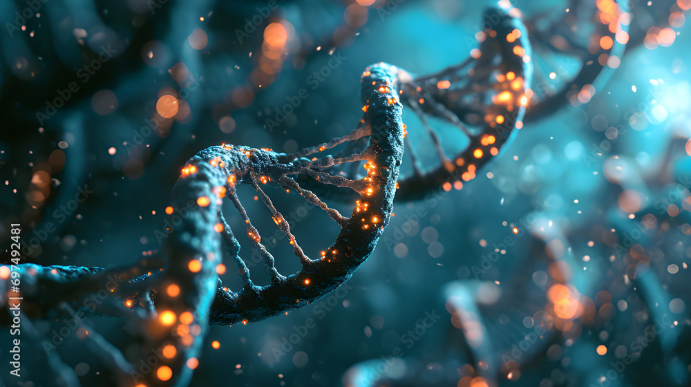 Molecular structure of human DNA, concept of biochemistry, DNA chain with helix on dark background Molecular structure of human DNA, concept of biochemistry, DNA chain with helix on dark background