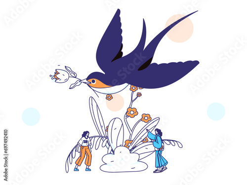 24 solar terms: Beginning of spring, rain, awakening of insects, spring breeze, Qingming Festival, Grain Rain, flat character vector concept operation hand-drawn illustration

