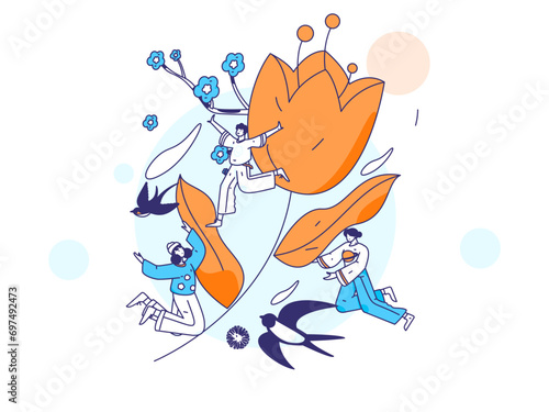 24 solar terms: Beginning of spring, rain, awakening of insects, spring breeze, Qingming Festival, Grain Rain, flat character vector concept operation hand-drawn illustration
