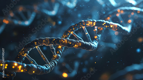 Molecular structure of human DNA, concept of biochemistry, DNA chain with helix on dark background