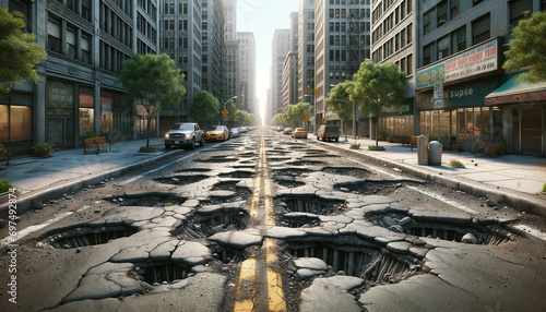 A wide-view image of a city street in very poor condition, riddled with potholes and damaged asphalt. photo
