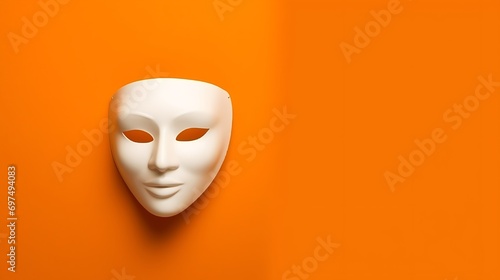 A realistic Plastic white theatrical mask hanging against an orange color background empty wall. Copy space for text. photo