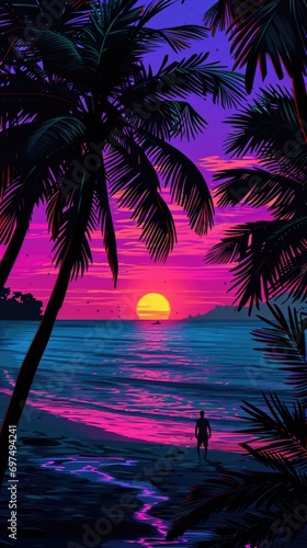 Sunset on the beach illustration. Vertical background 