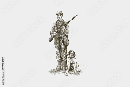 vector illustration of a hunter and a dog in black and white vintage style
