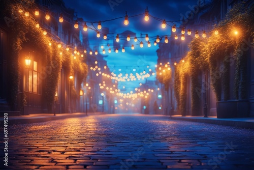 Foggy night urban street and lights garland . AI generated