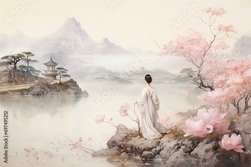 Landscape of Chinese gardens, mountains, and pastel flowers in neutral tones. Generative AI