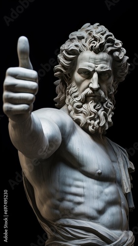A greek statue holding thumbs up gesture. Nod of approval and support concept. Funny hellenistic art. Generative AI.