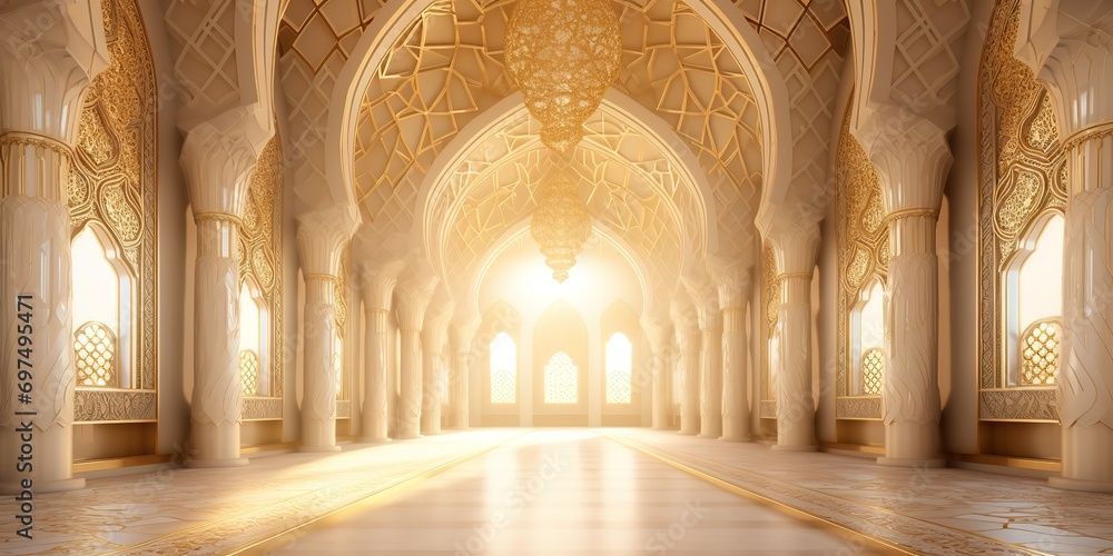 The interior design of the mosque is magnificent in gold and cream colors. Generative AI
