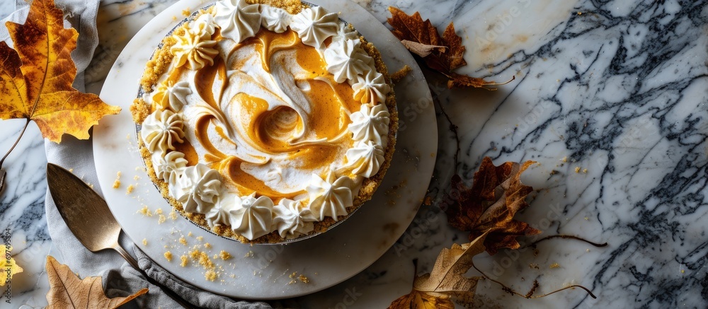Thanksgiving dessert idea: Pumpkin cheesecake swirl pie with whipped cream on marble board, copy space overhead.