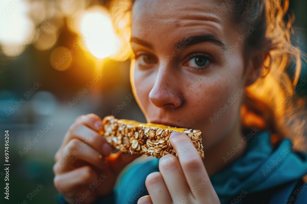 Athletic young woman eating cereal candy bar outside. Healthy lifestyle concept. Athletic young woman eating cereal candy bar outside. Healthy lifestyle concept.