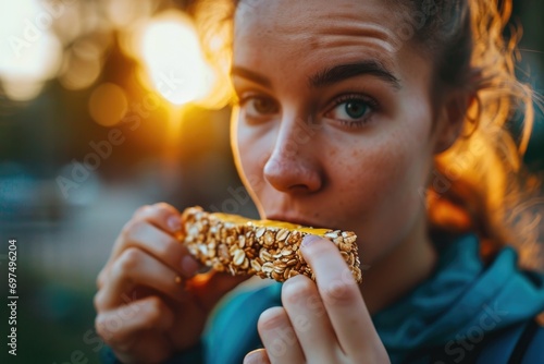 Athletic young woman eating cereal candy bar outside. Healthy lifestyle concept.