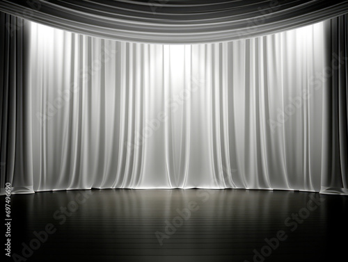 Minimalistic stage with elegant white curtains and a serene, modern ambiance. Generative AI photo