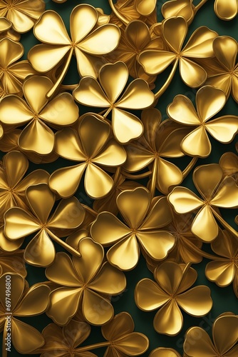 Shamrock green flowers on gold background wallpaper. AI generated