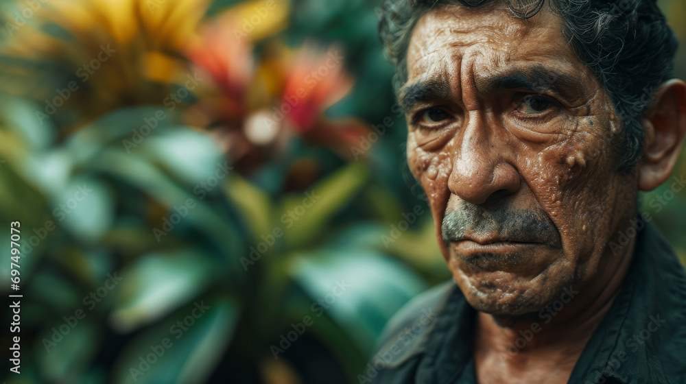 Close up portrait of a middle aged hispanic man, looking into camera with weary sad tearful eyes, in a jungle like garden filled with exotic plants in vibrant colors Close up portrait of a middle aged hispanic man, looking into camera with weary sad tearful eyes, in a jungle like garden filled with exotic plants in vibrant colors