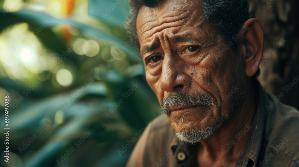 Close up portrait of a middle aged hispanic man, looking into camera with weary sad tearful eyes, in a jungle like garden filled with exotic plants in vibrant colors