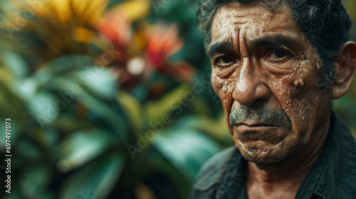 Close up portrait of a middle aged hispanic man, looking into camera with weary sad tearful eyes, in a jungle like garden filled with exotic plants in vibrant colors