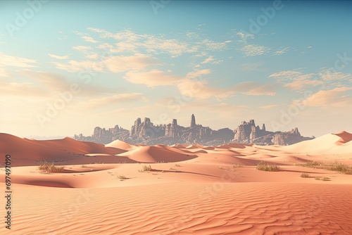 Desert landscape with sand dunes and blue sky. 3d rendering, AI Generated