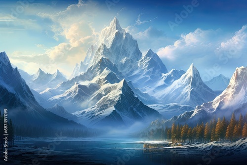 Fantasy landscape with mountain lake and snow-capped peaks, AI Generated