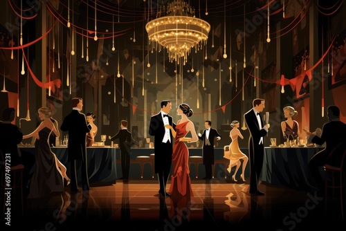Illustration of a night club interior with people on the background, A 1920s speakeasy with flapper dresses and tuxedos, AI Generated