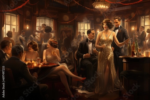 Group of elegant men and women sitting at a table in a restaurant, A 1920s speakeasy with flapper dresses and tuxedos, AI Generated photo