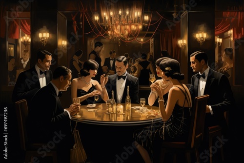 Elegant woman in evening dress sitting in a restaurant with friends, A 1920s speakeasy with flapper dresses and tuxedos, AI Generated