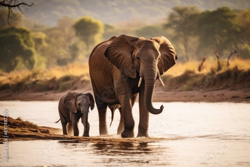 Elephants in Chobe National Park  Botswana  Africa  A baby elephant walking along the riverbank with its mother  AI Generated