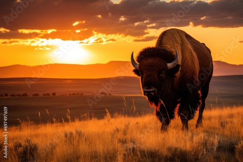 Bison at sunset in Yellowstone National Park, Wyoming, USA, A bison roaming across a grassland plateau during the setting sun, AI Generated