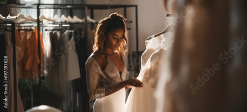 Bride selecting wedding dress in boutique. Bridal fashion and choice.