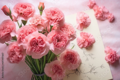 Wallpaper Mural Bouquet of pink carnations on a light pink background, A bouquet of carnations with a 'Happy Mother's Day' card, AI Generated Torontodigital.ca