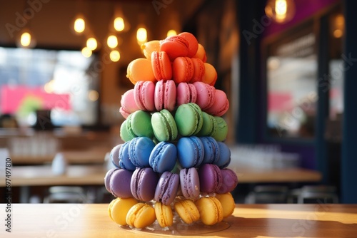 Colorful macaroons stacked in pyramid on wooden table in cafe, A bursting rainbow of macarons in a Parisian cafe, AI Generated