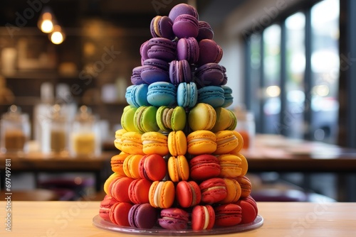 Colorful macarons in a pyramid on a wooden table, A bursting rainbow of macarons in a Parisian cafe, AI Generated photo