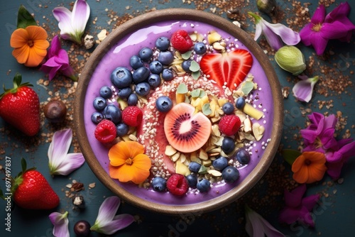 Healthy breakfast bowl with oatmeal, berries, nuts and flowers, A brightly coloured organic smoothie bowl with various toppings, AI Generated