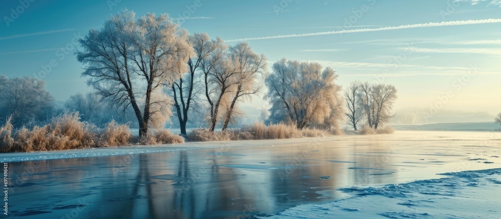Trees in the foreground on frozen water in winter.