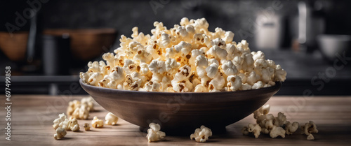 Bowl of popcorn on a kitchen table, with a dark background for a moody food photo. photo