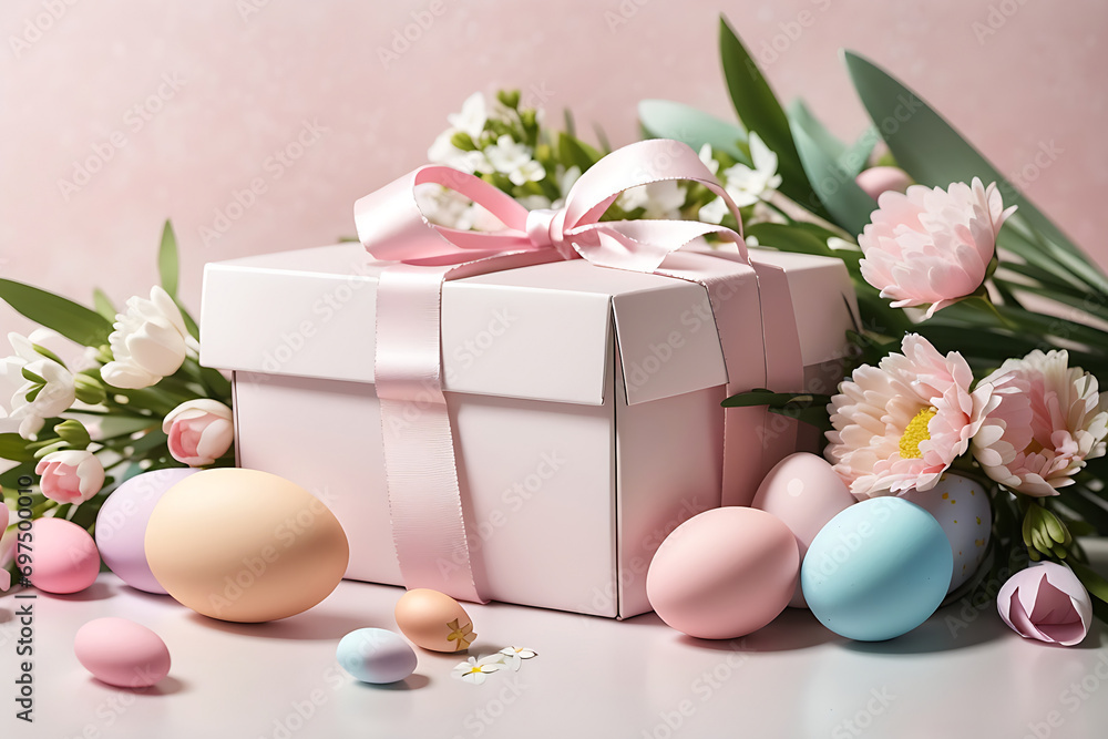 Easter eggs with a pink and purple gift box on a pink background