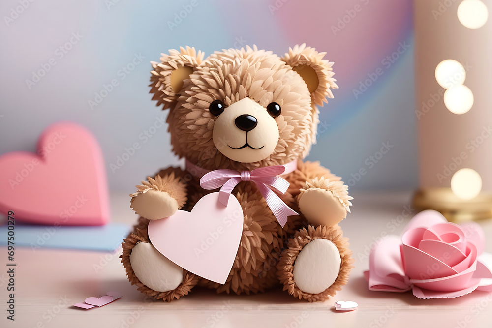 Teddy bear with love and flowers on pastel background Teddy bear with love and flowers on pastel background