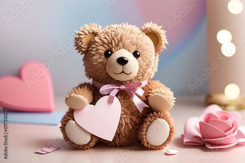 Teddy bear with love and flowers on pastel background
