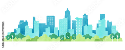 Quadro su tela Watercolor cityscape skyline building with trees