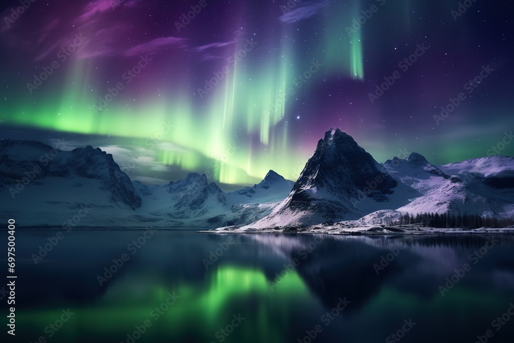 beautiful photo of the aurora behind the top of the mountain. generative AI