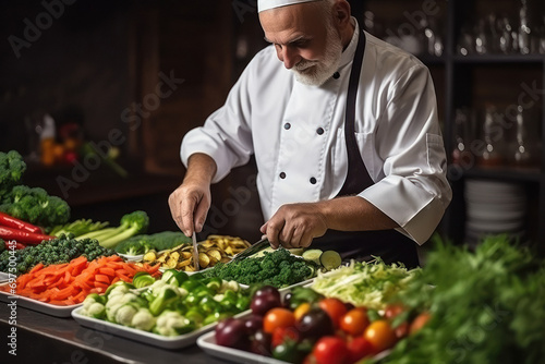 indian senior male chef choosing vegetables at kitchen