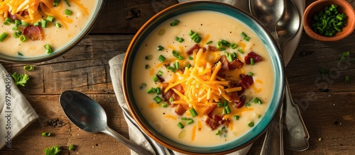 Loaded Baked Potato Soup with Cream, Cheese, Bacon, and Chives. photo