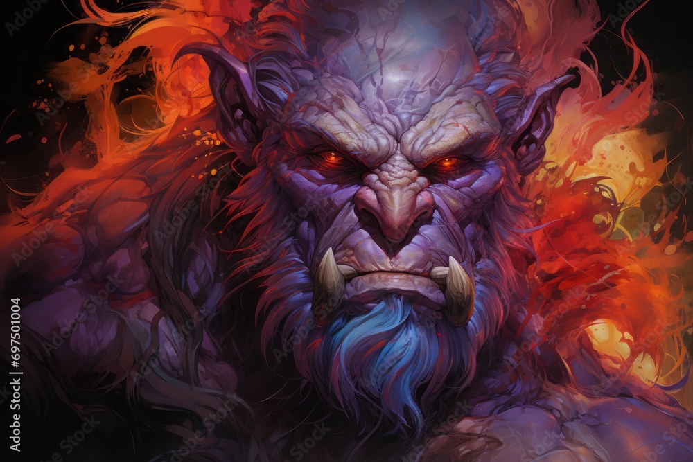 An evil fantasy character, an orc or ogre. close-up portrait mythical cannibal, a giant with burning eyes.