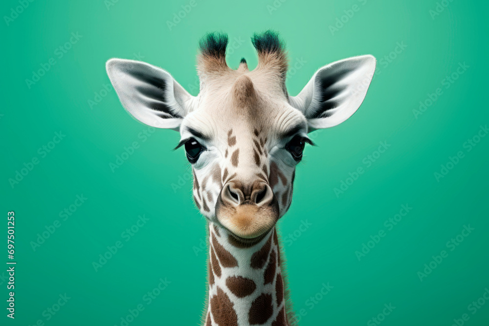 Obraz premium giraffe. the head of an animal on a green studio background. close-up portrait. full face.
