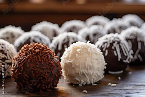 Brigadeiro in paper forms on wooden background photo
