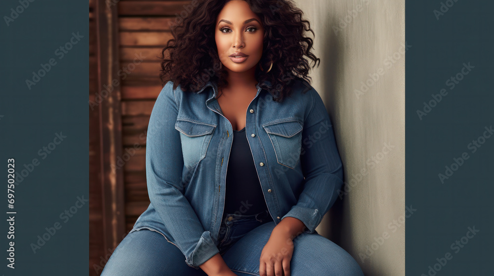 Beautiful woman wearing ripped denim sitting against cafe wall on city street. Casual fashion, elegant everyday look. Plus size model. - obrazy, fototapety, plakaty 
