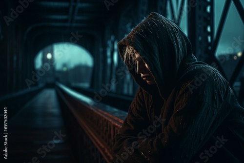 Digital art depicting a sorrowful figure on a bridge. Generative AI